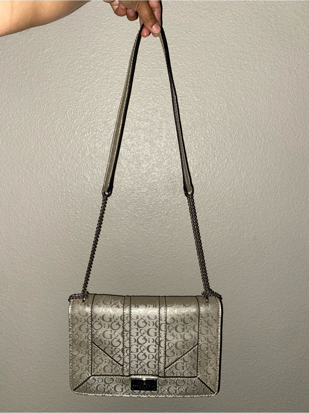 Guess Metallic Beige Monogram Shoulder Bag